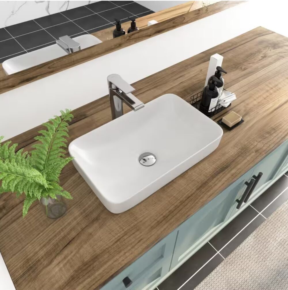 19 in. L x 13 in. W Rectangular Bathroom Ceramic Semi-Recessed Vessel Sink White Art Basin - Image 2