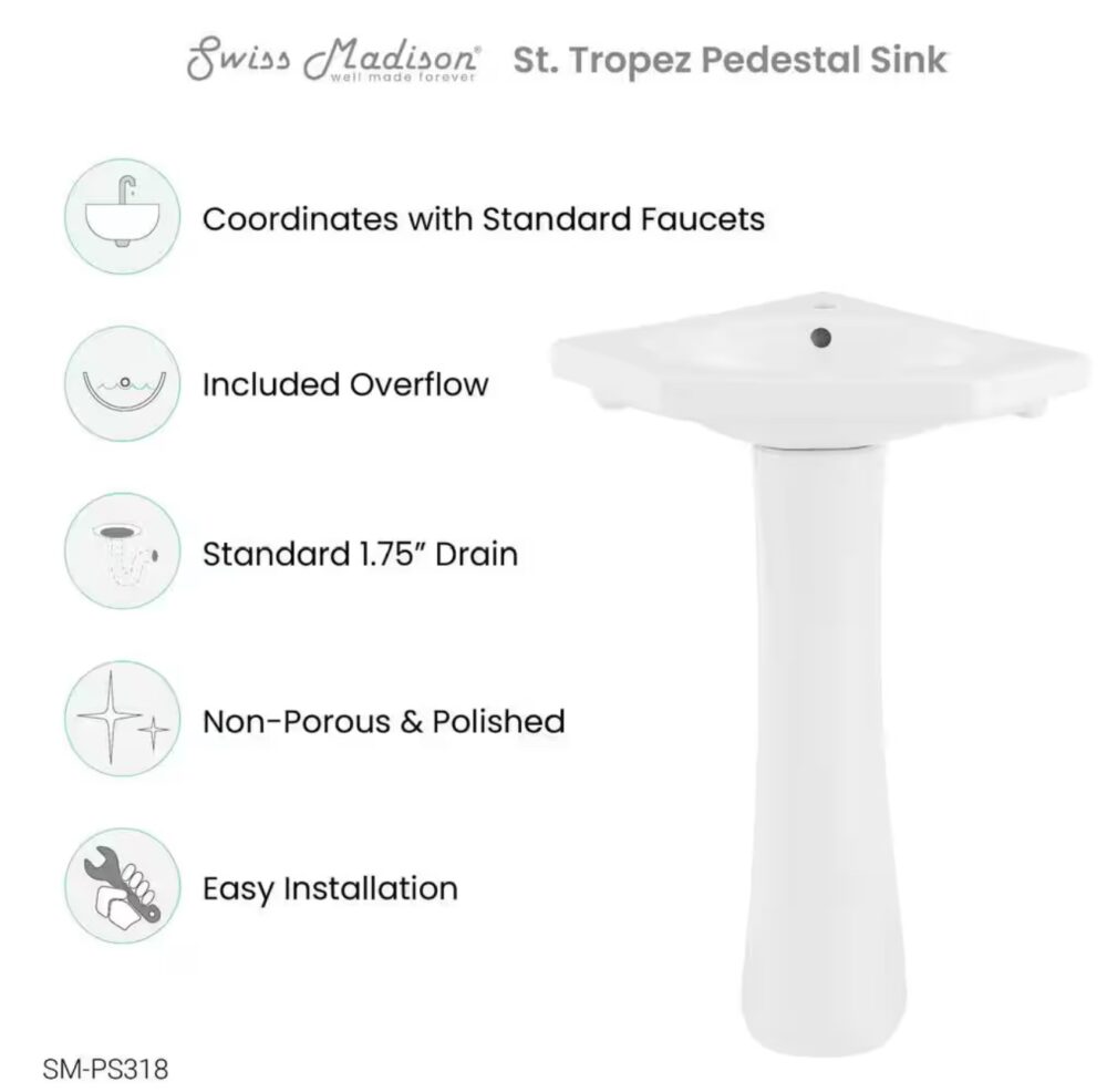 St.Tropez Corner Two-Piece Pedestal Sink - Image 3