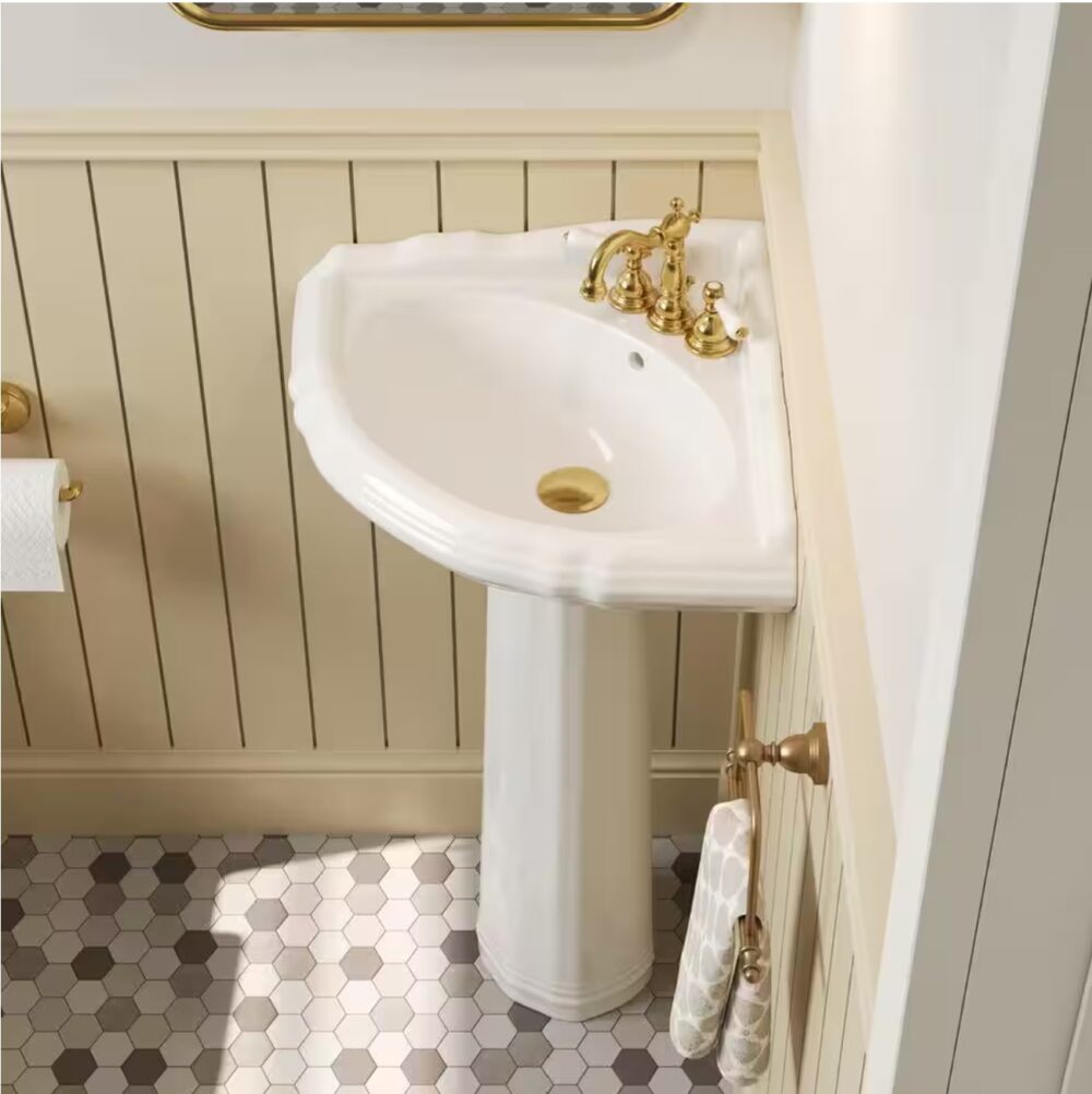 26.8 in. W x 20.5 in. D Corner Vitreous China Bathroom Pedestal Sink in White with 4 in. Centerset Faucet Holes - Image 3
